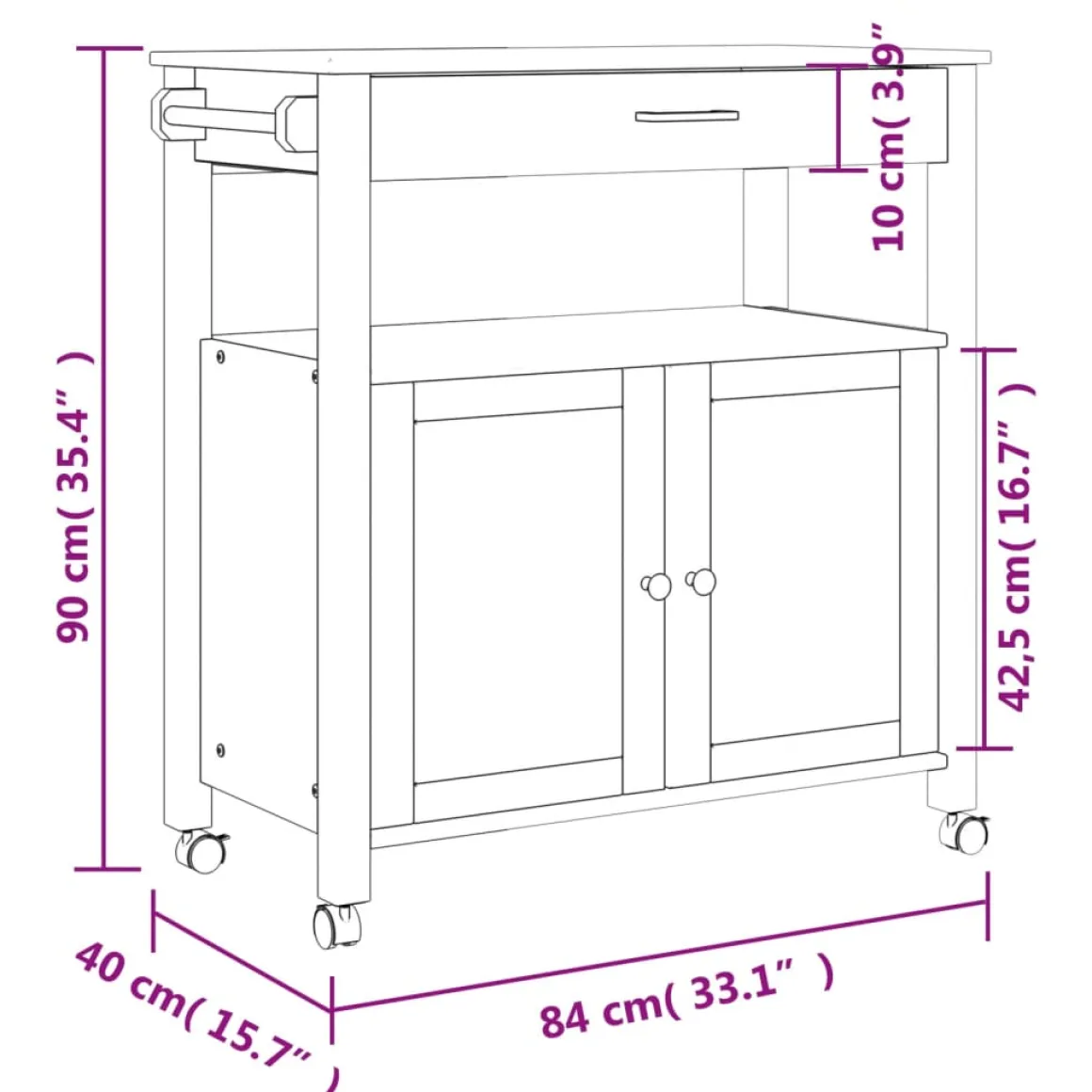 Carrito auxiliar Monza armario + cajón madera de pino 90x84x40 cm