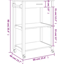 Carrito auxiliar Monza con cajón + 2 compartimentos madera de pino 90x60x40 cm