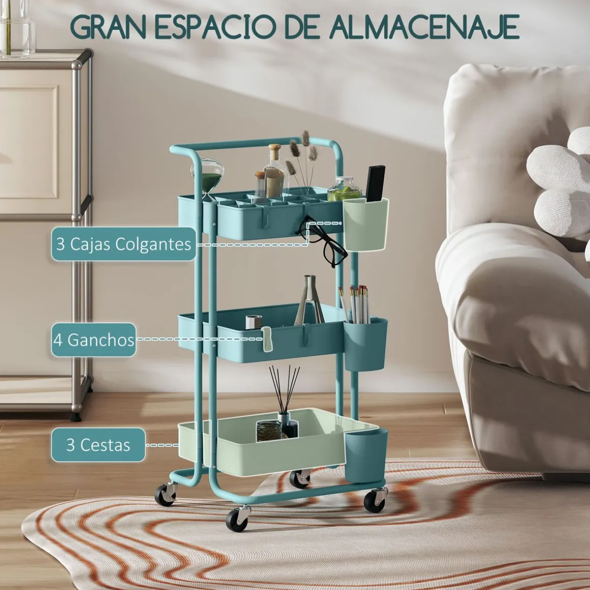 Carrito auxiliar Nuvem Homcom 3 niveles con ganchos y cestas 86,5x42x38 cm