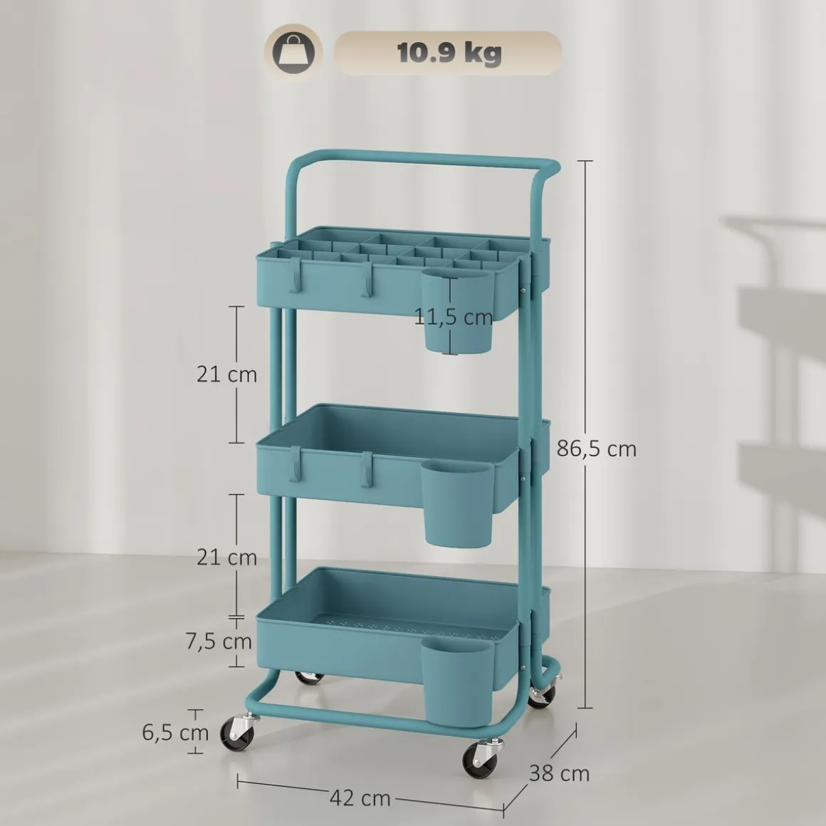 Carrito auxiliar Nuvem Homcom 3 niveles con ganchos y cestas 86,5x42x38 cm