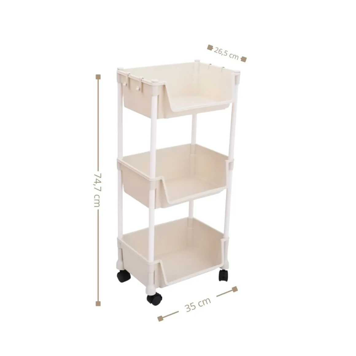 Carrito auxiliar Reddie con 3 niveles y ruedas beige 74,7x35x26,5 cm
