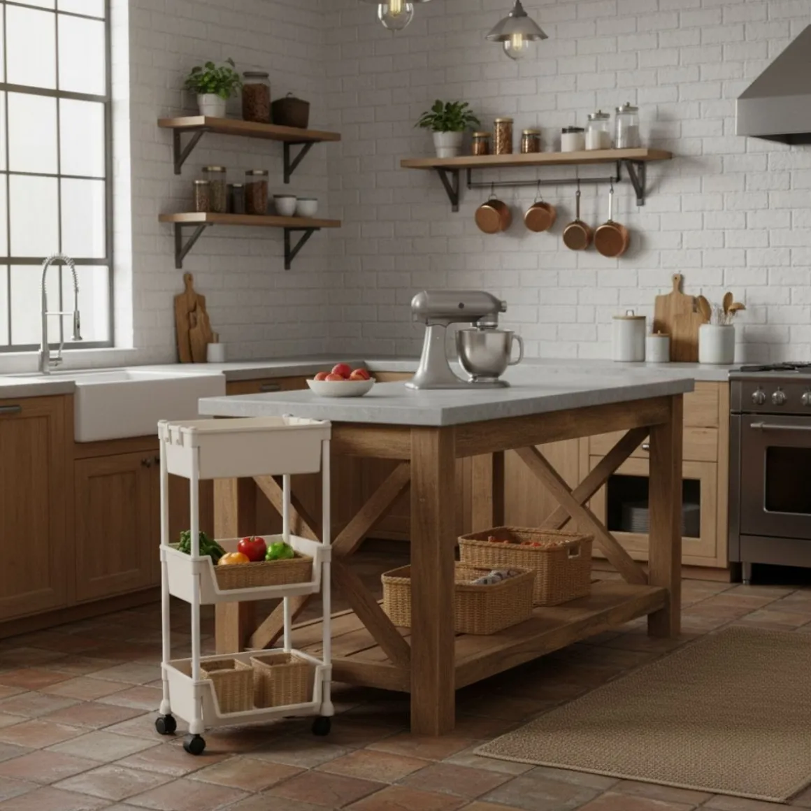 Carrito auxiliar Reddie con 3 niveles y ruedas beige 74,7x35x26,5 cm