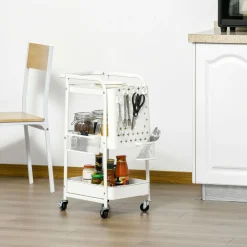 Carrito auxiliar Rush Homcom 3 niveles + 4 ganchos + 2 cestas blanco 75,6x51,5x32 cm