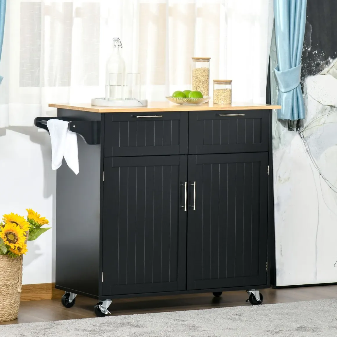 Carrito auxiliar Sil Homcom 2 cajones + aramario doble + toallero negro 91x46x104 cm