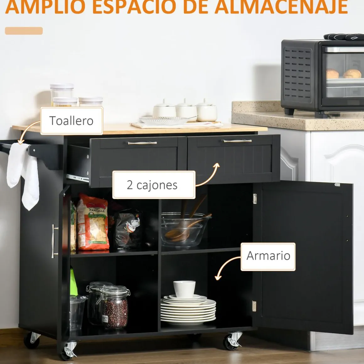 Carrito auxiliar Sil Homcom 2 cajones + aramario doble + toallero negro 91x46x104 cm