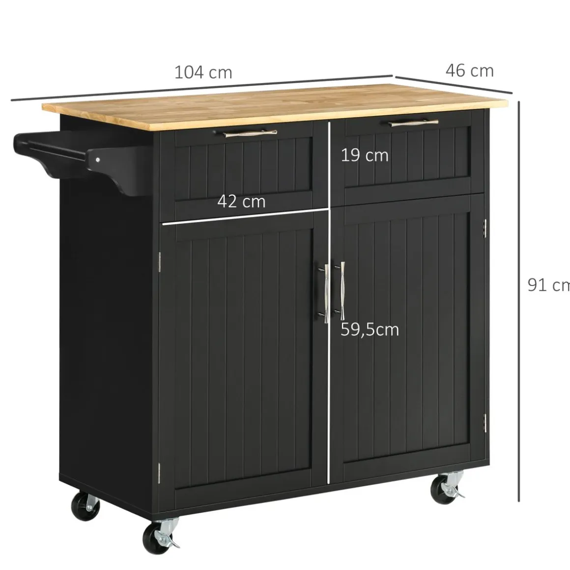 Carrito auxiliar Sil Homcom 2 cajones + aramario doble + toallero negro 91x46x104 cm