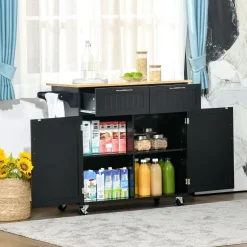 Carrito auxiliar Sil Homcom 2 cajones + aramario doble + toallero negro 91x46x104 cm