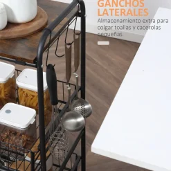 Carrito auxiliar Taipa Homcom 3 niveles + 2 cestas + 4 ganchos marrón oscuro 85,5x60x38 cm