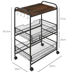 Carrito auxiliar Taipa Homcom 3 niveles + 2 cestas + 4 ganchos marrón oscuro 85,5x60x38 cm