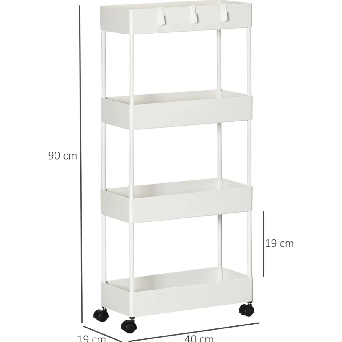 Carrito auxiliar Temba Homcom 4 cestas y ruedas blanco 90x40x19 cm