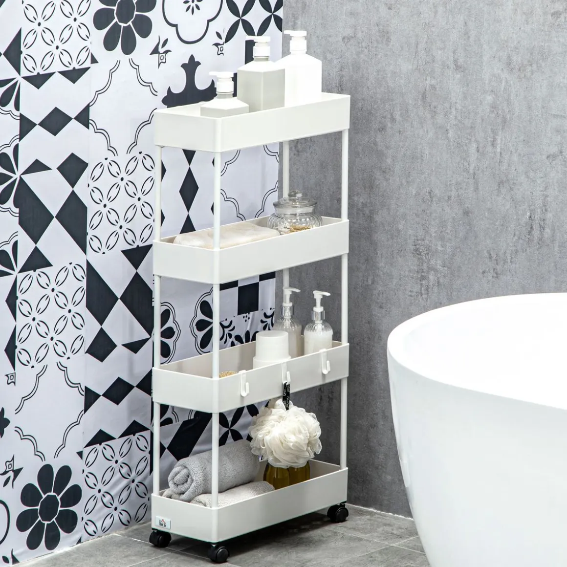 Carrito auxiliar Temba Homcom 4 cestas y ruedas blanco 90x40x19 cm