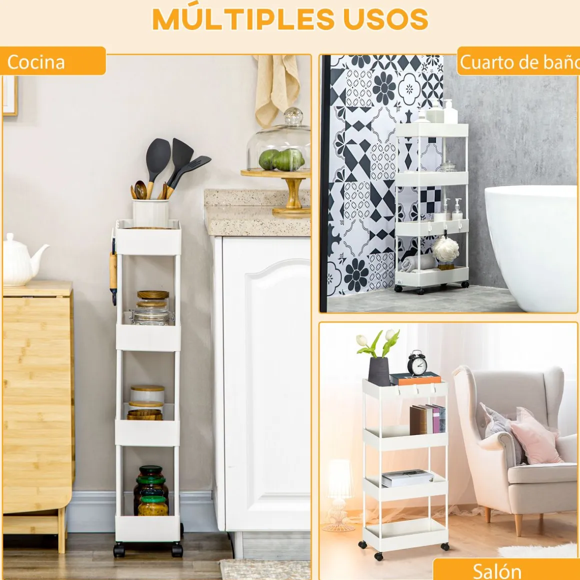 Carrito auxiliar Temba Homcom 4 cestas y ruedas blanco 90x40x19 cm