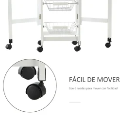 Carrito auxiliar Tucán Homcom 1 cajón + 3 cestas + 6 ruedas plegable blanco/roble 77,5x97,2x37 cm