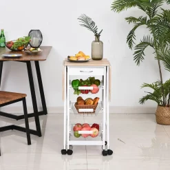 Carrito auxiliar Tucán Homcom 1 cajón + 3 cestas + 6 ruedas plegable blanco/roble 77,5x97,2x37 cm