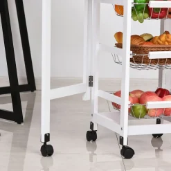 Carrito auxiliar Tucán Homcom 1 cajón + 3 cestas + 6 ruedas plegable blanco/roble 77,5x97,2x37 cm