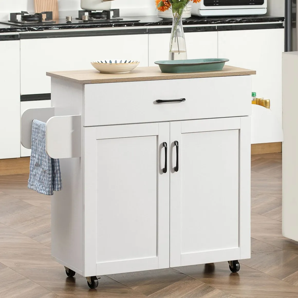 Carrito auxiliar Turia Homcom armario doble + cajón + barra lateral blanco 85x36x105 cm