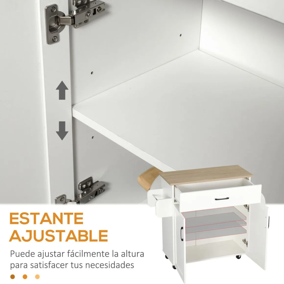 Carrito auxiliar Turia Homcom armario doble + cajón + barra lateral blanco 85x36x105 cm