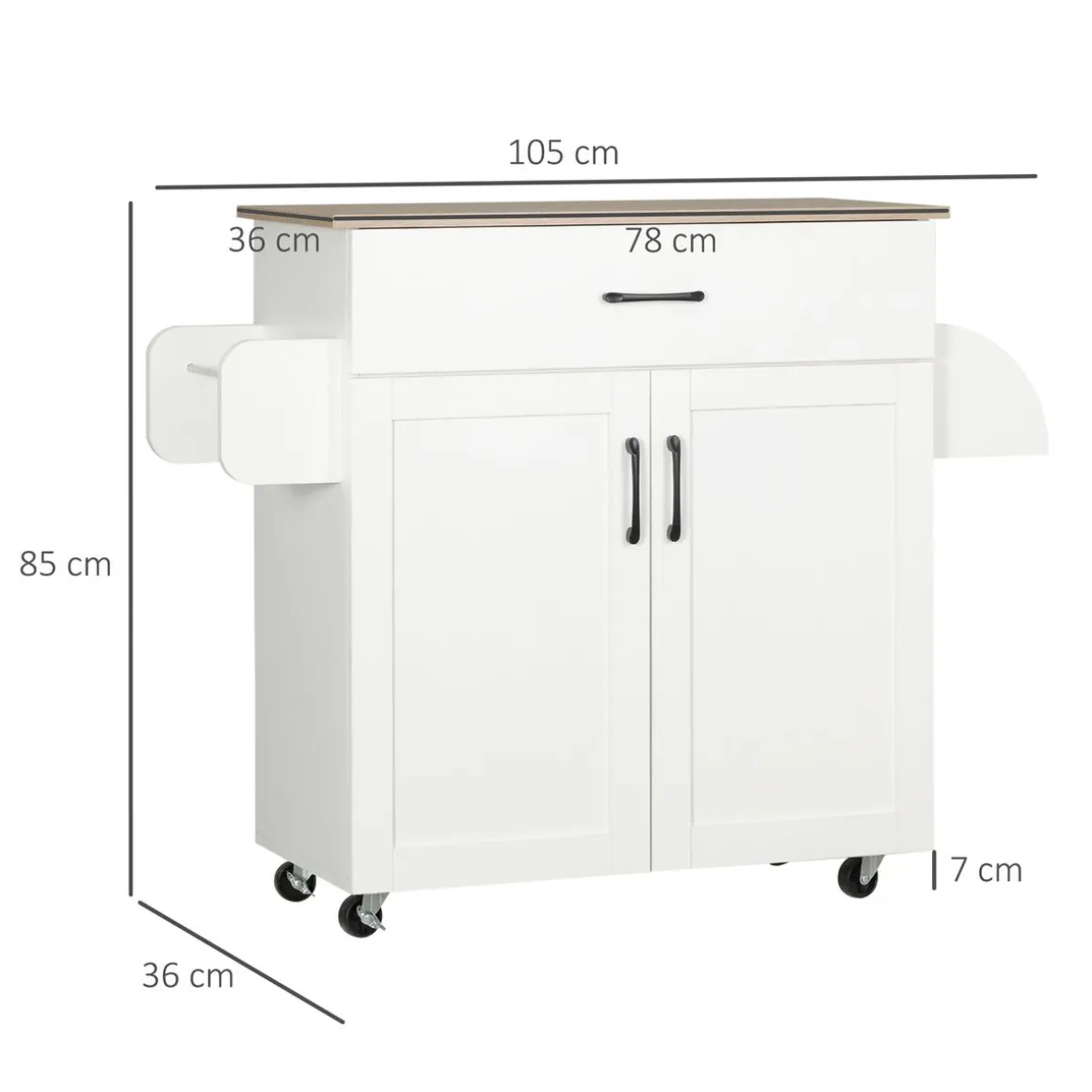 Carrito auxiliar Turia Homcom armario doble + cajón + barra lateral blanco 85x36x105 cm
