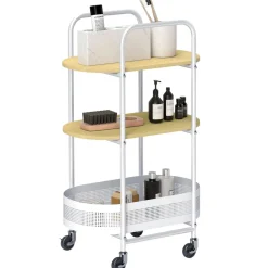 Carrito auxiliar Vainilla Homcom 1 cesta + 2 estantes blanco/natural 82,5x49,5x32,5 cm