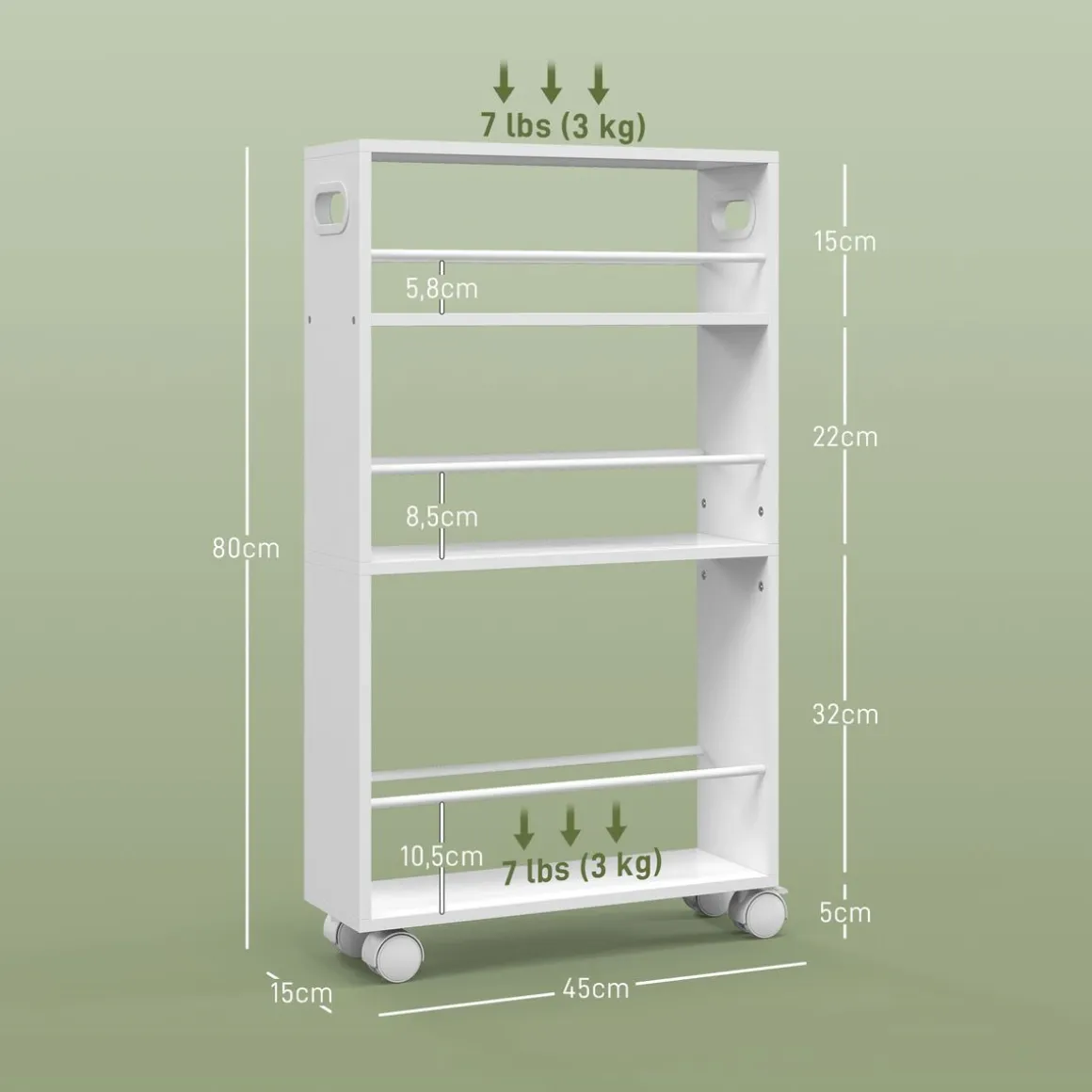 Carrito auxiliar Velez Homcom 3 estantes blanco 80x45x15 cm