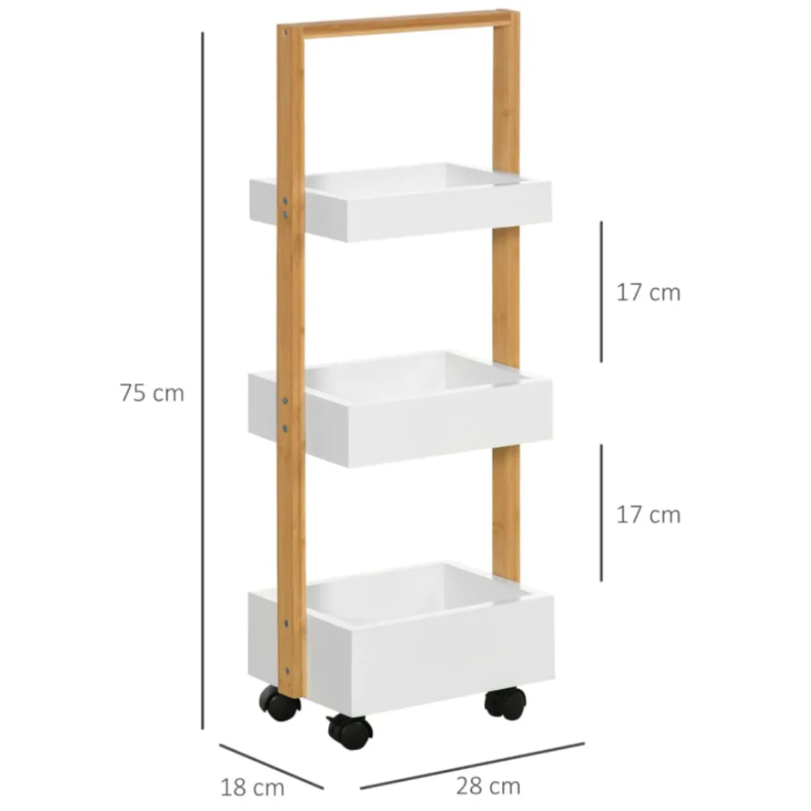 Carrito de almacenamiento Homcom con ruedas 3 cestas blanco/natural 75x28x18 cm