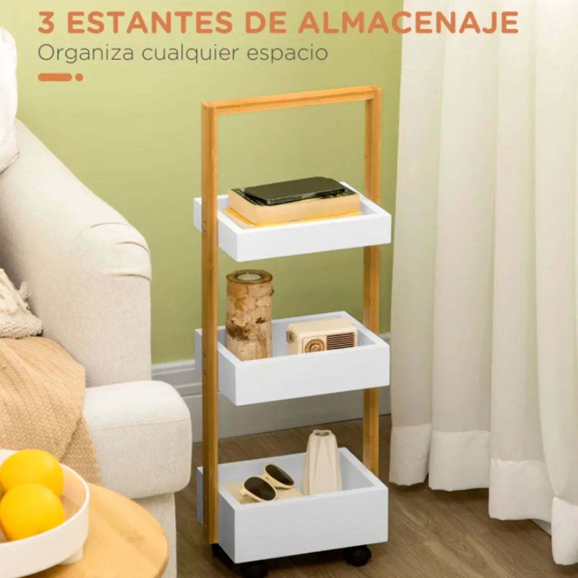 Carrito de almacenamiento Homcom con ruedas 3 cestas blanco/natural 75x28x18 cm