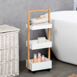 Carrito de almacenamiento Homcom con ruedas 3 cestas blanco/natural 75x28x18 cm