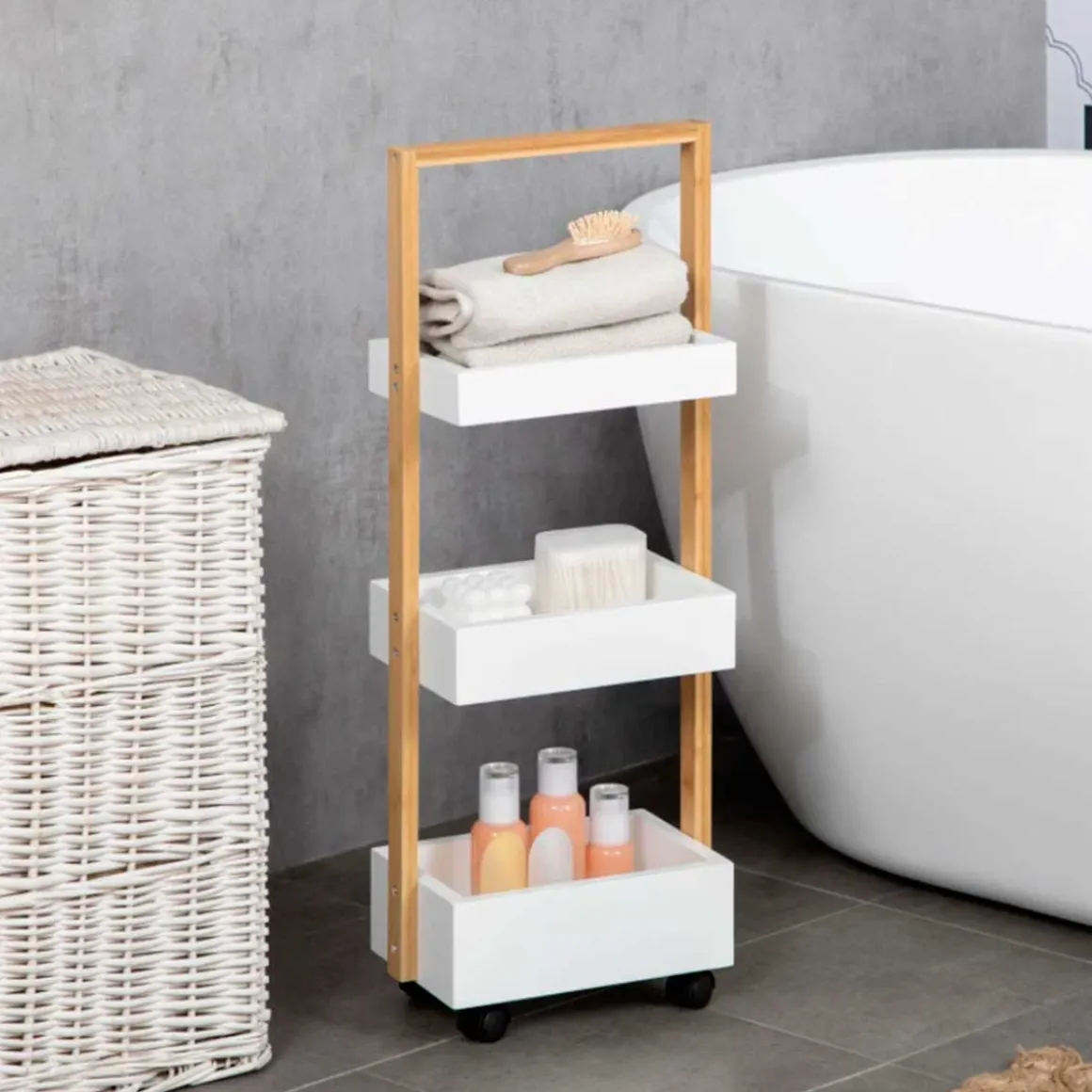 Carrito de almacenamiento Homcom con ruedas 3 cestas blanco/natural 75x28x18 cm