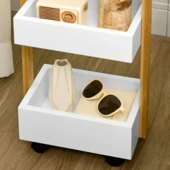 Carrito de almacenamiento Homcom con ruedas 3 cestas blanco/natural 75x28x18 cm