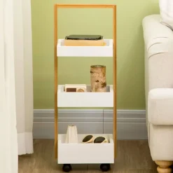 Carrito de almacenamiento Homcom con ruedas 3 cestas blanco/natural 75x28x18 cm