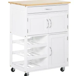 Carrito de cocina auxiliar Homcom 1 cajón+3 compartimentos+botellero blanco/natural 87x67x37 cm
