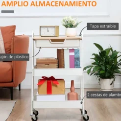 Carrito de cocina auxiliar Homcom 3 niveles 1 cajón 2 cestas con ruedas blanco 75,6x43,9x60,5 cm