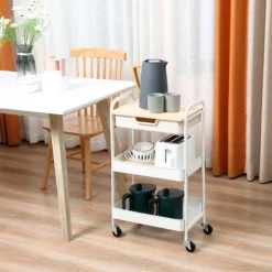 Carrito de cocina auxiliar Homcom 3 niveles 1 cajón 2 cestas con ruedas blanco 75,6x43,9x60,5 cm