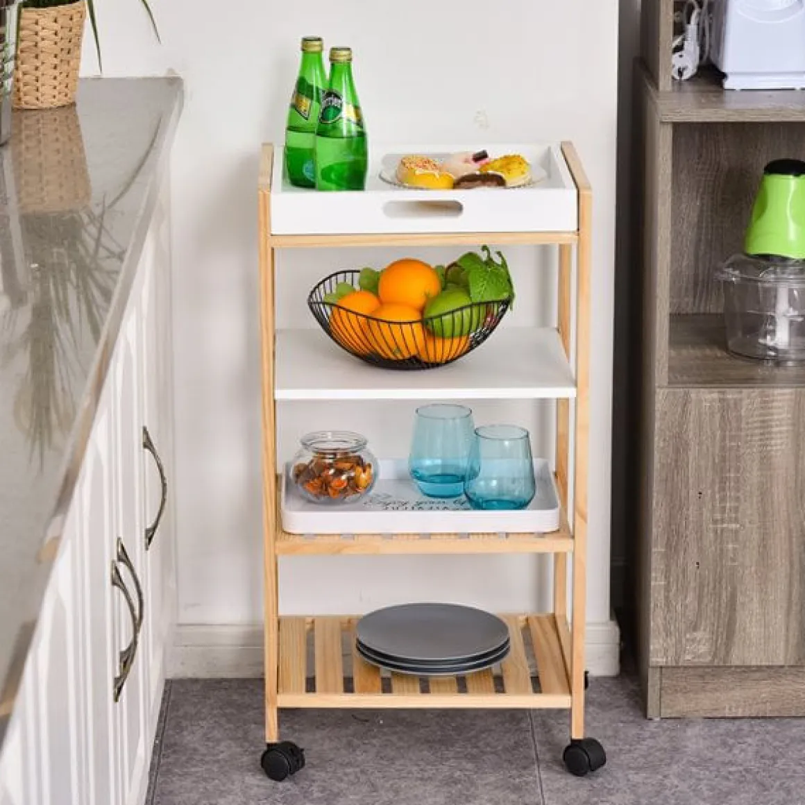 Carrito de cocina Homcom 4 niveles con ruedas natural/blanco 76x40x30 cm