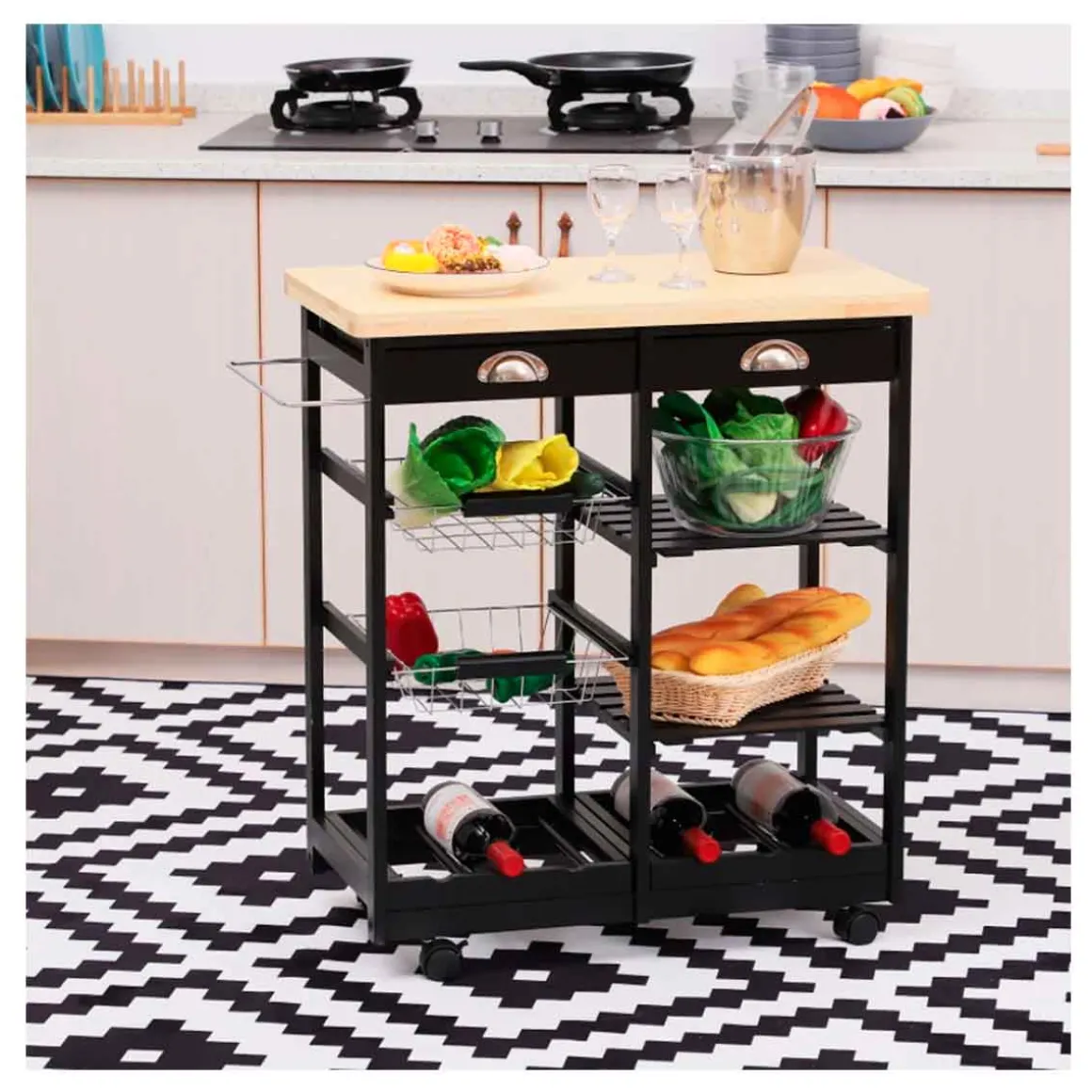 Carrito de cocina Homcom multiusos con estantes y cajones negro 76x74x37 cm