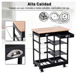 Carrito de cocina Homcom multiusos con estantes y cajones negro 76x74x37 cm