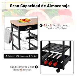 Carrito de cocina Homcom multiusos con estantes y cajones negro 76x74x37 cm