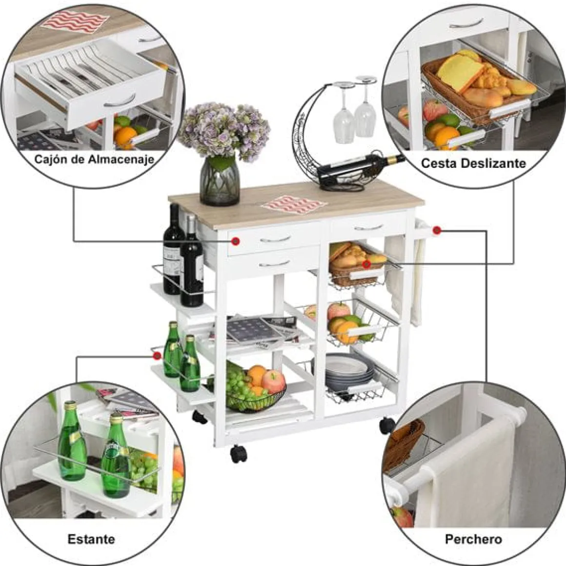 Carrito de cocina multifuncional Homcom con cajones+cestas blanco/natural 82x92x37 cm