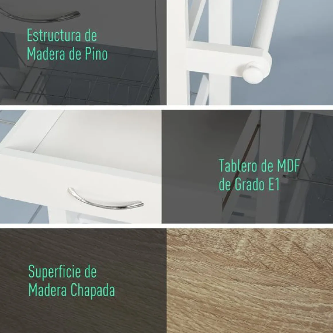Carrito de cocina multifuncional Homcom con cajones+cestas blanco/natural 82x92x37 cm