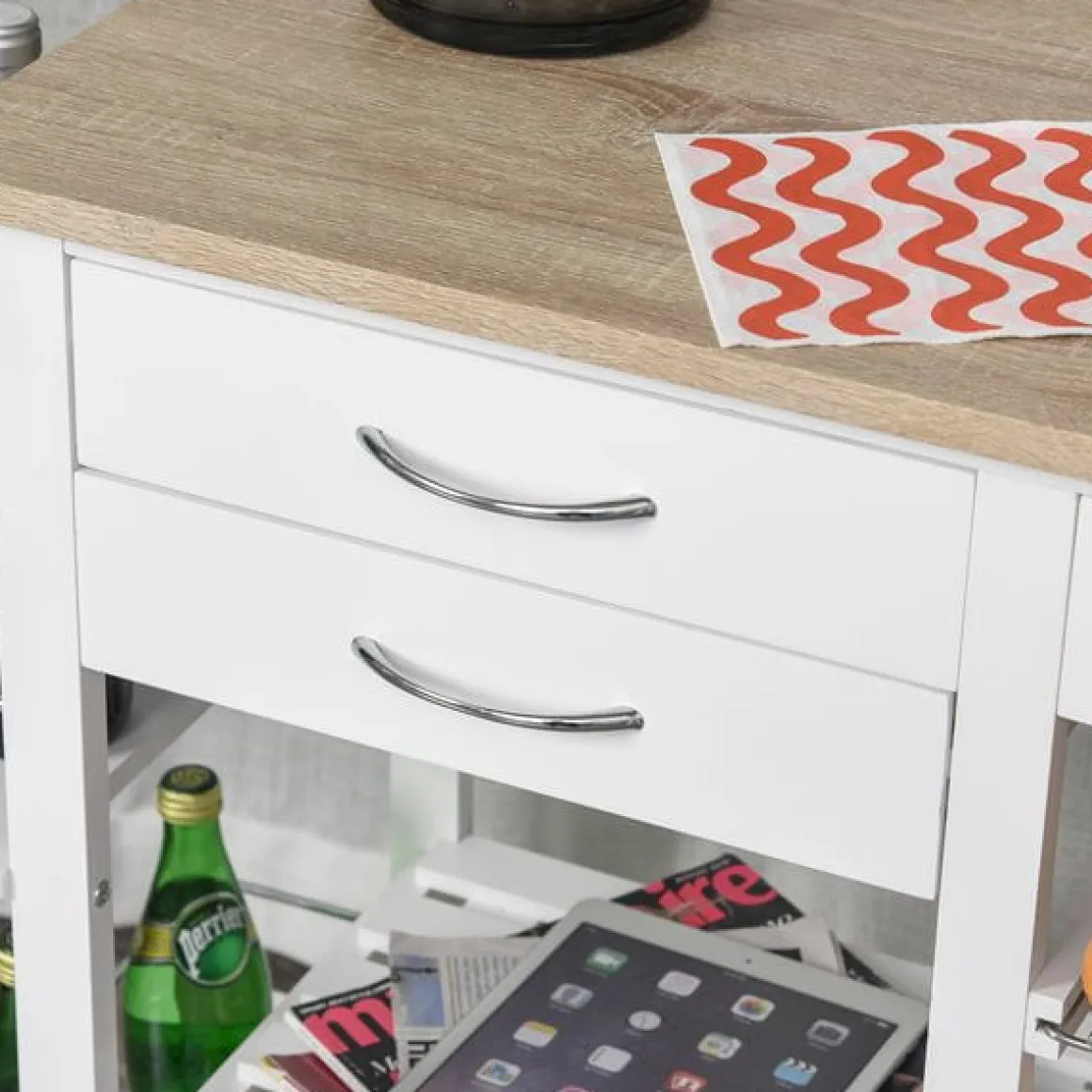 Carrito de cocina multifuncional Homcom con cajones+cestas blanco/natural 82x92x37 cm
