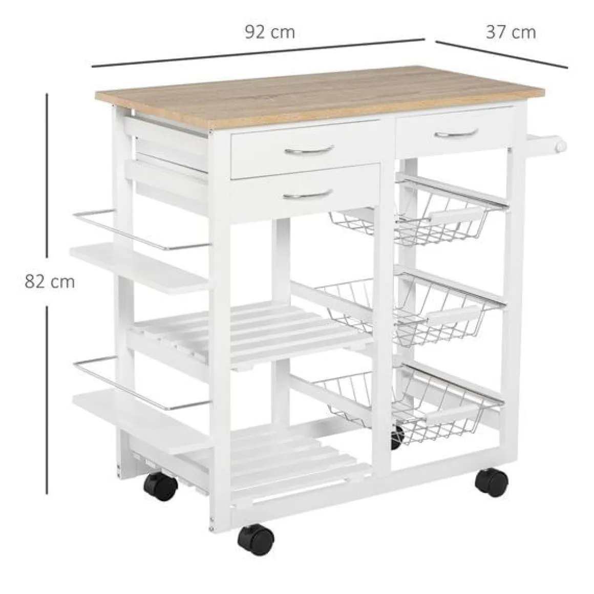Carrito de cocina multifuncional Homcom con cajones+cestas blanco/natural 82x92x37 cm