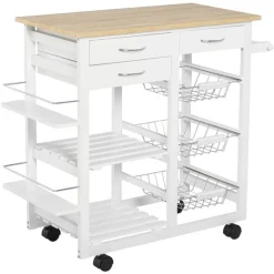 Carrito de cocina multifuncional Homcom con cajones+cestas blanco/natural 82x92x37 cm