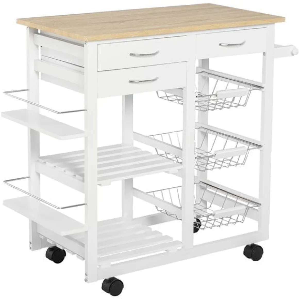 Carrito de cocina multifuncional Homcom con cajones+cestas blanco/natural 82x92x37 cm
