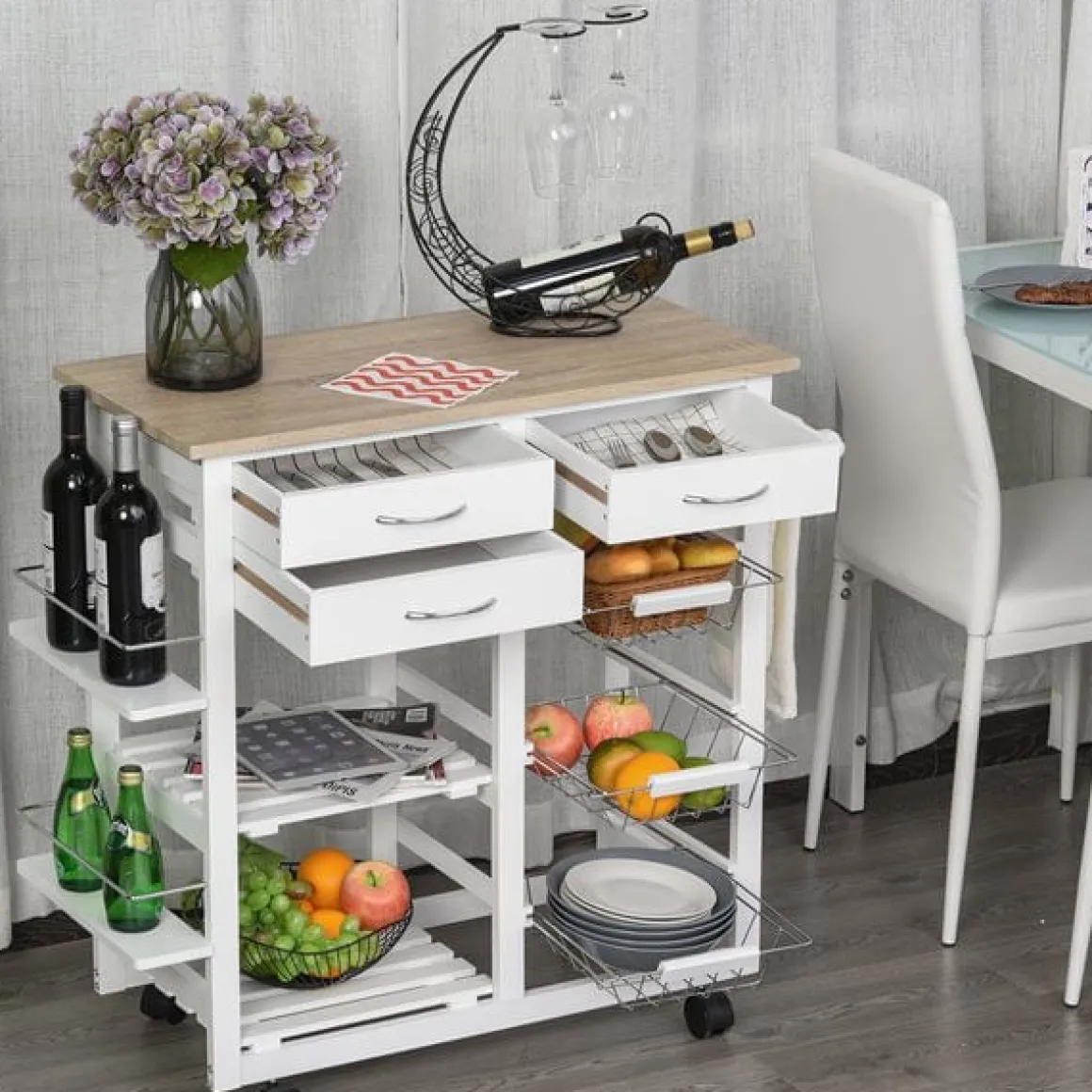 Carrito de cocina multifuncional Homcom con cajones+cestas blanco/natural 82x92x37 cm