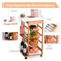 Carrito de cocina multiusos Homcom 5 niveles 1 cajón + 4 cestas + 2 estantes 83x47x37 cm