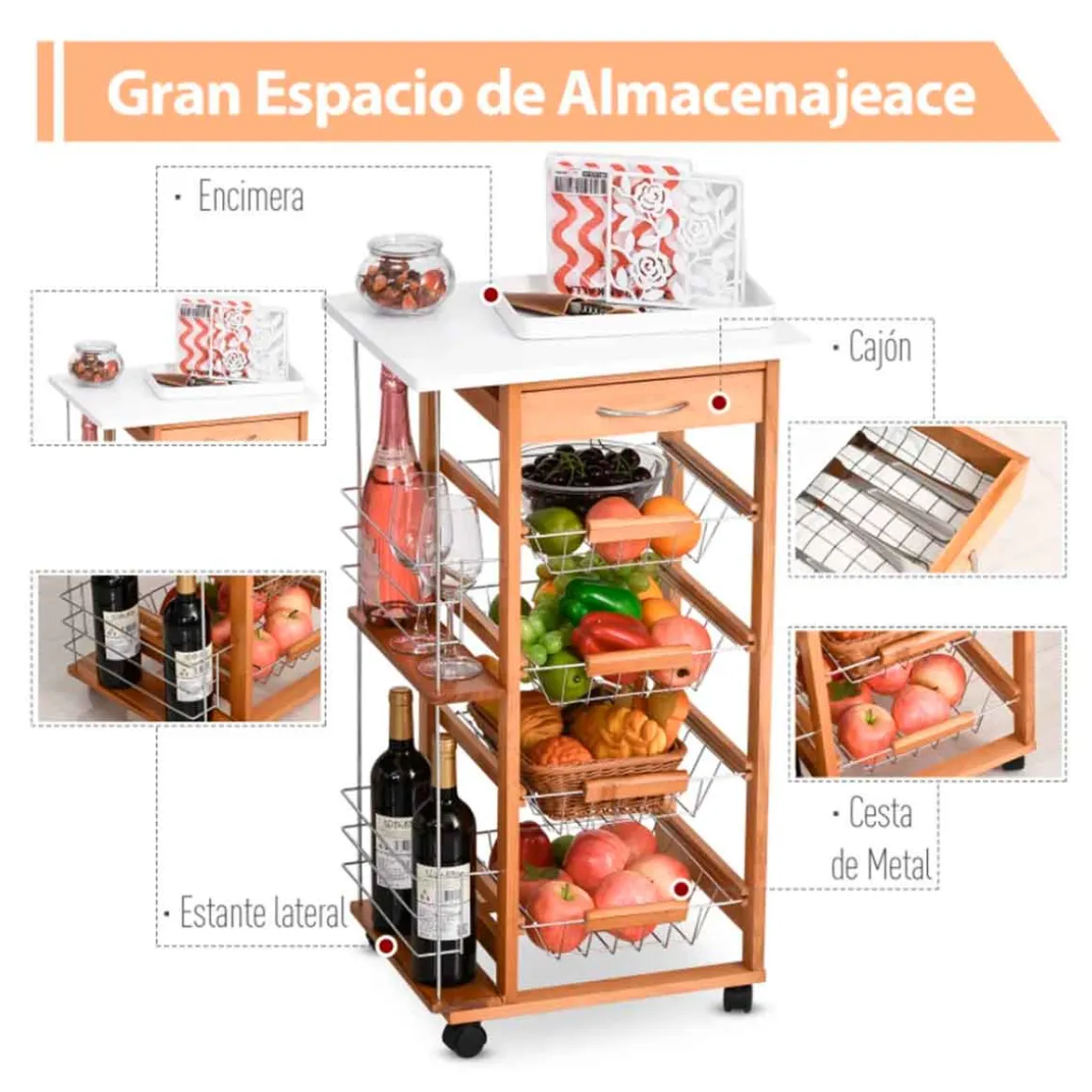Carrito de cocina multiusos Homcom 5 niveles 1 cajón + 4 cestas + 2 estantes 83x47x37 cm