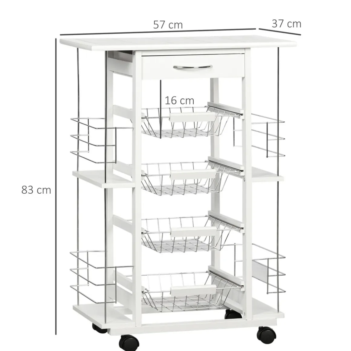 Carrito de cocina Pattay Homcom 4 niveles + cajón blanco 83x57x37 cm