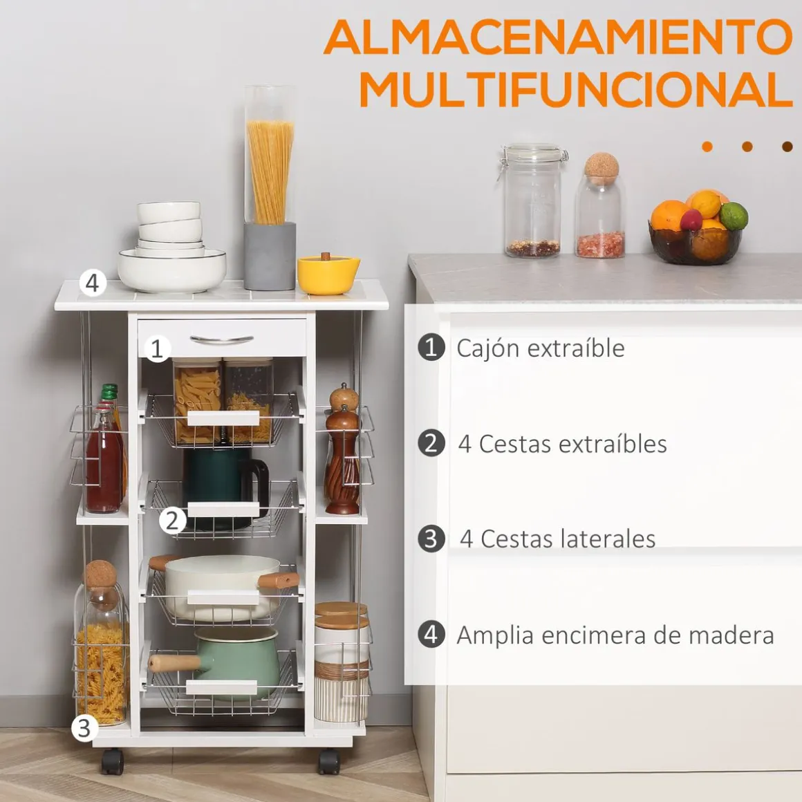 Carrito de cocina Pattay Homcom 4 niveles + cajón blanco 83x57x37 cm