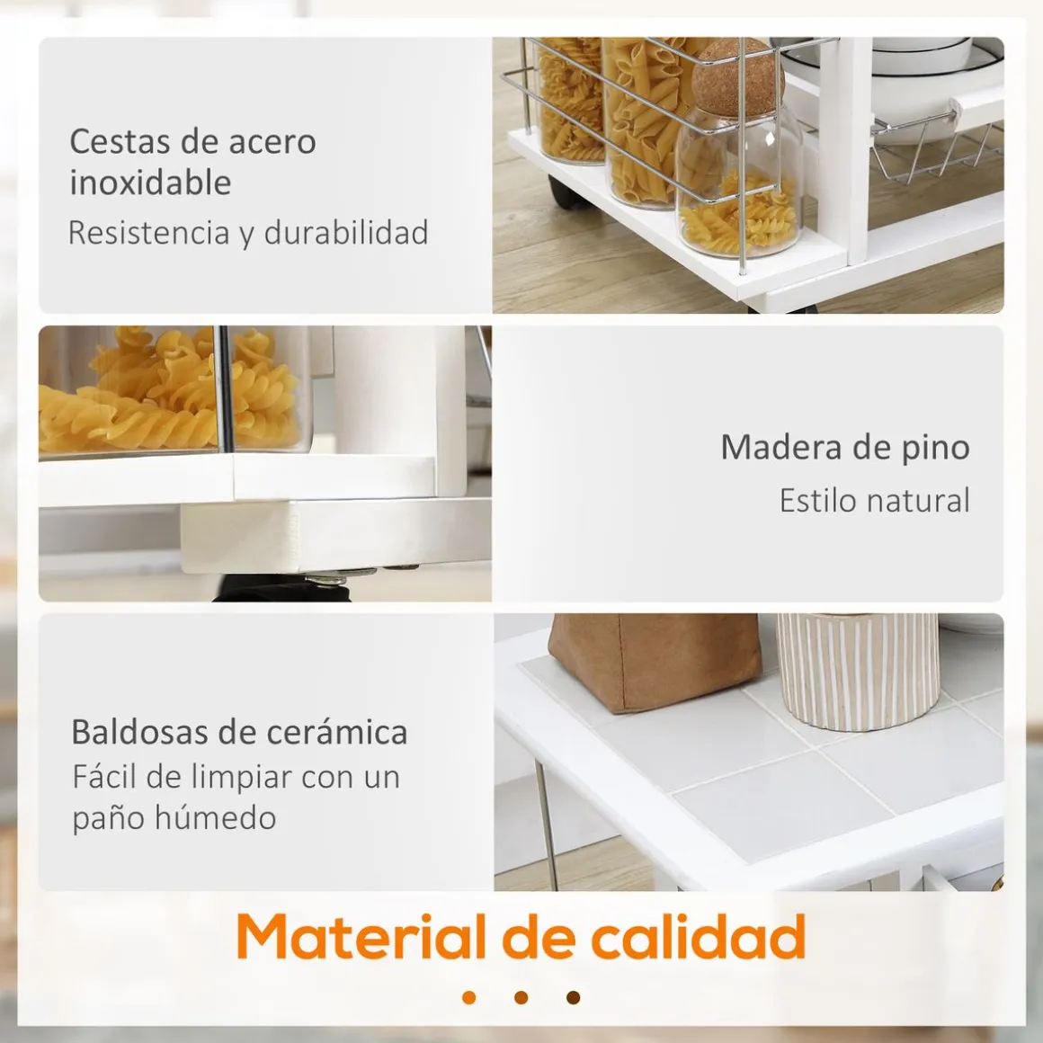 Carrito de cocina Pattay Homcom 4 niveles + cajón blanco 83x57x37 cm
