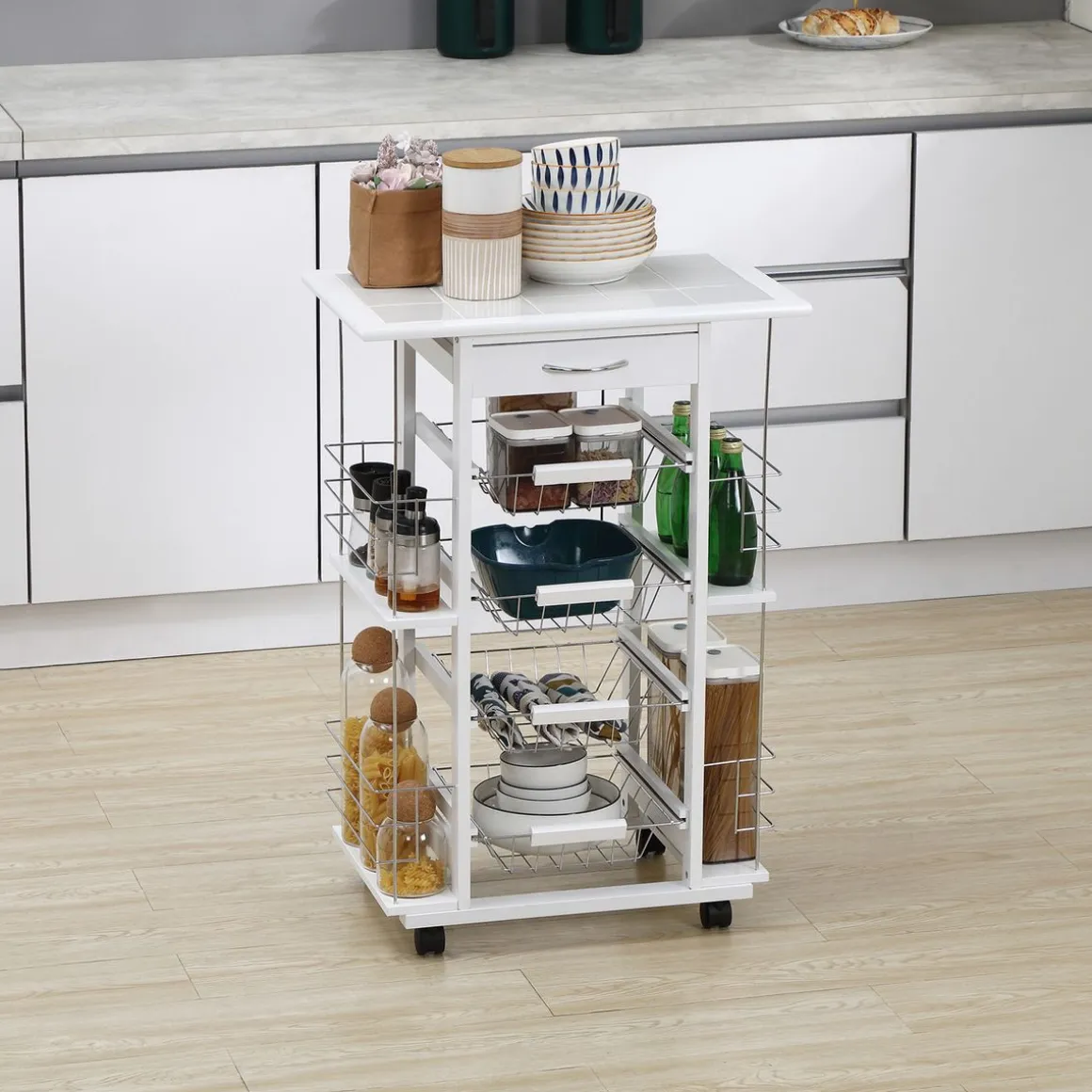 Carrito de cocina Pattay Homcom 4 niveles + cajón blanco 83x57x37 cm